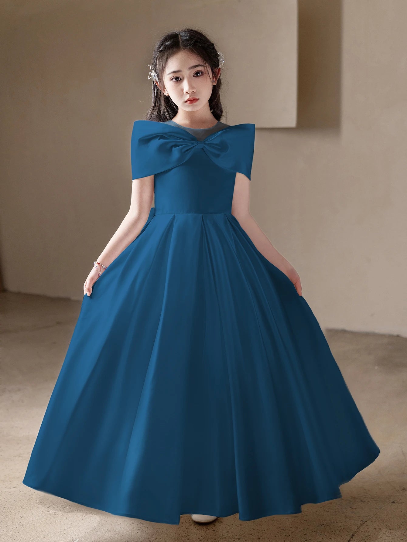 Maxy Girls, Teenagers Black High-End Long Dresses Children's Birthday Parties Weddings Big Bows Evening Dresses
