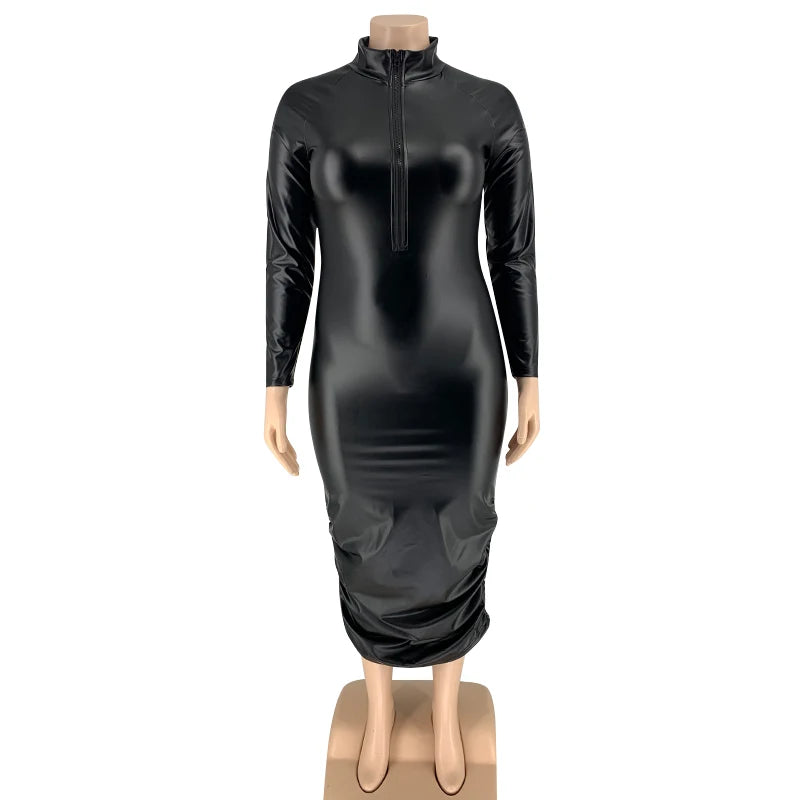 Maxy Leather Plus Size 5XL Dresses for Women Zip Up Full Sleeve Stretch Offie Lady Elegant Black Dress