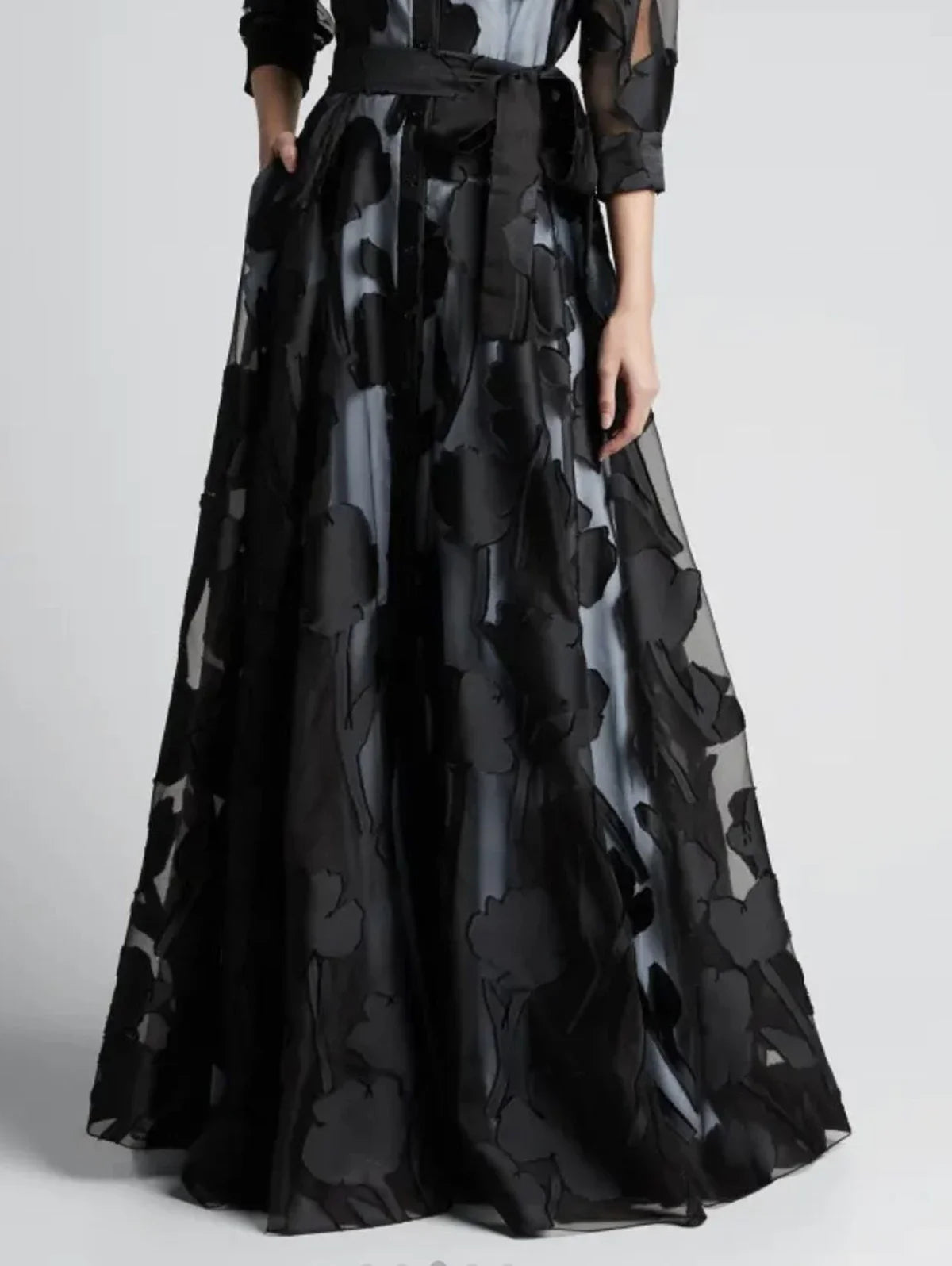 Maxy Elegant Three-Quarter Sleeve Knotted Waist Jacquard Mesh Maxy Dress for Women No Lining Transparent Club Party Long Dress