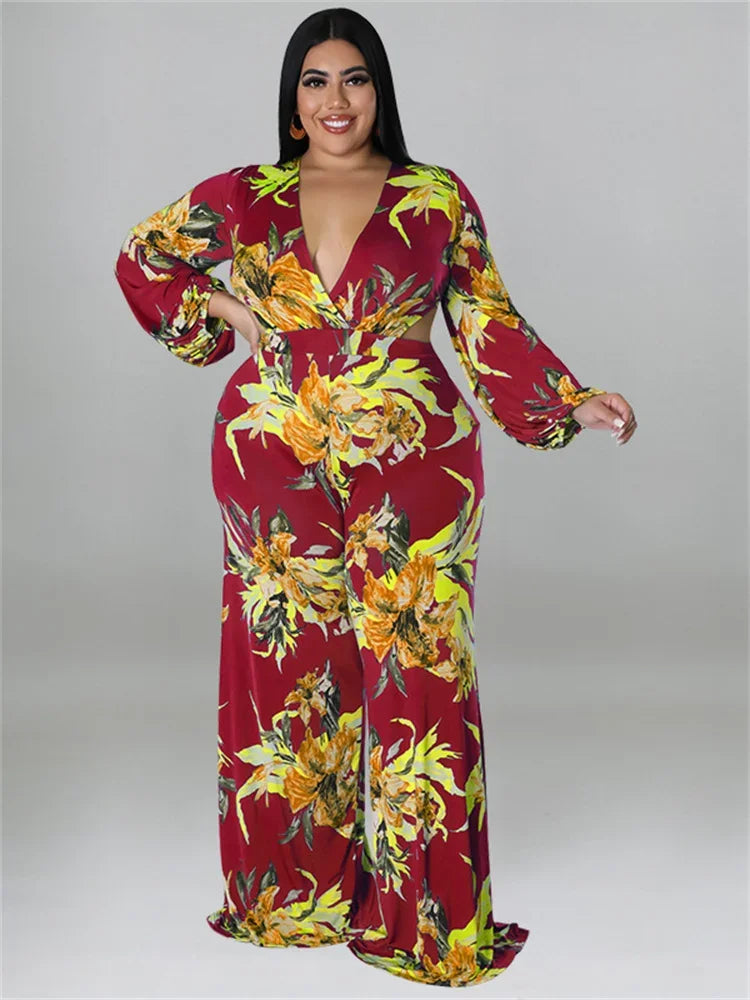 Amay Plus Size Jumpsuit Women Fall Clothes Print One Piece Outfits V Neck Wide Leg Office Ladies Romper