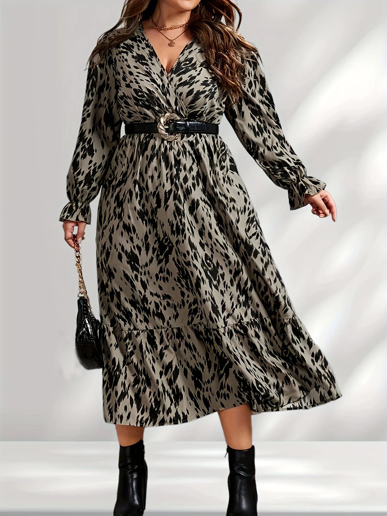 Maxy Plus Size Allover Print Flounce Sleeve Ruffle Hem Dress Without Belt