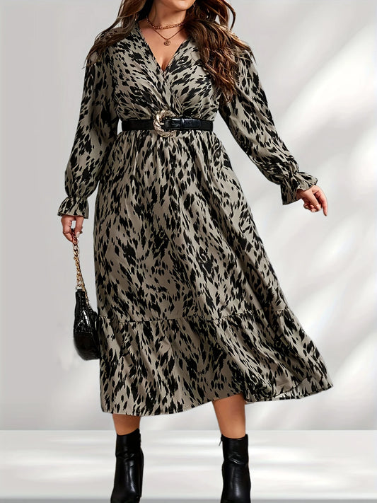 Maxy Plus Size Allover Print Flounce Sleeve Ruffle Hem Dress Without Belt