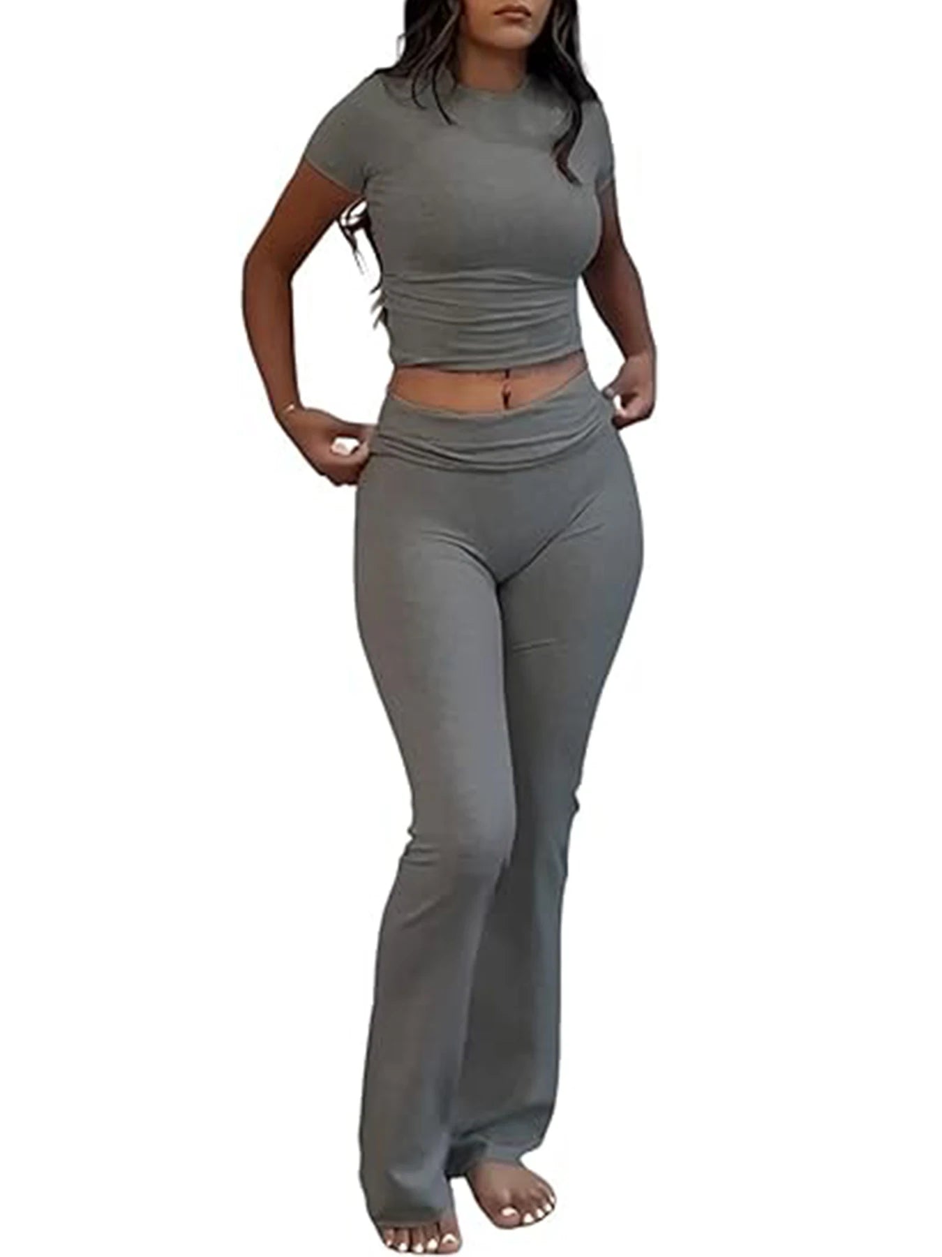 Maxy Casual Workout Two Piece Outfits for Women Short Sleeve Crop High Waist Foldover Flare Pants Tracksuit Sets Streetwear