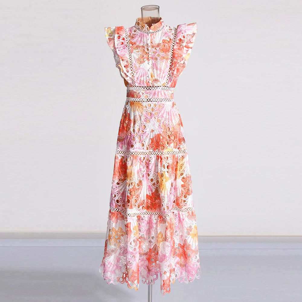 Maxy Colorblock Hollow Out Temperament Dress For Women Stand Collar Flying Sleeve High Waist Slim Dress Female Fashion