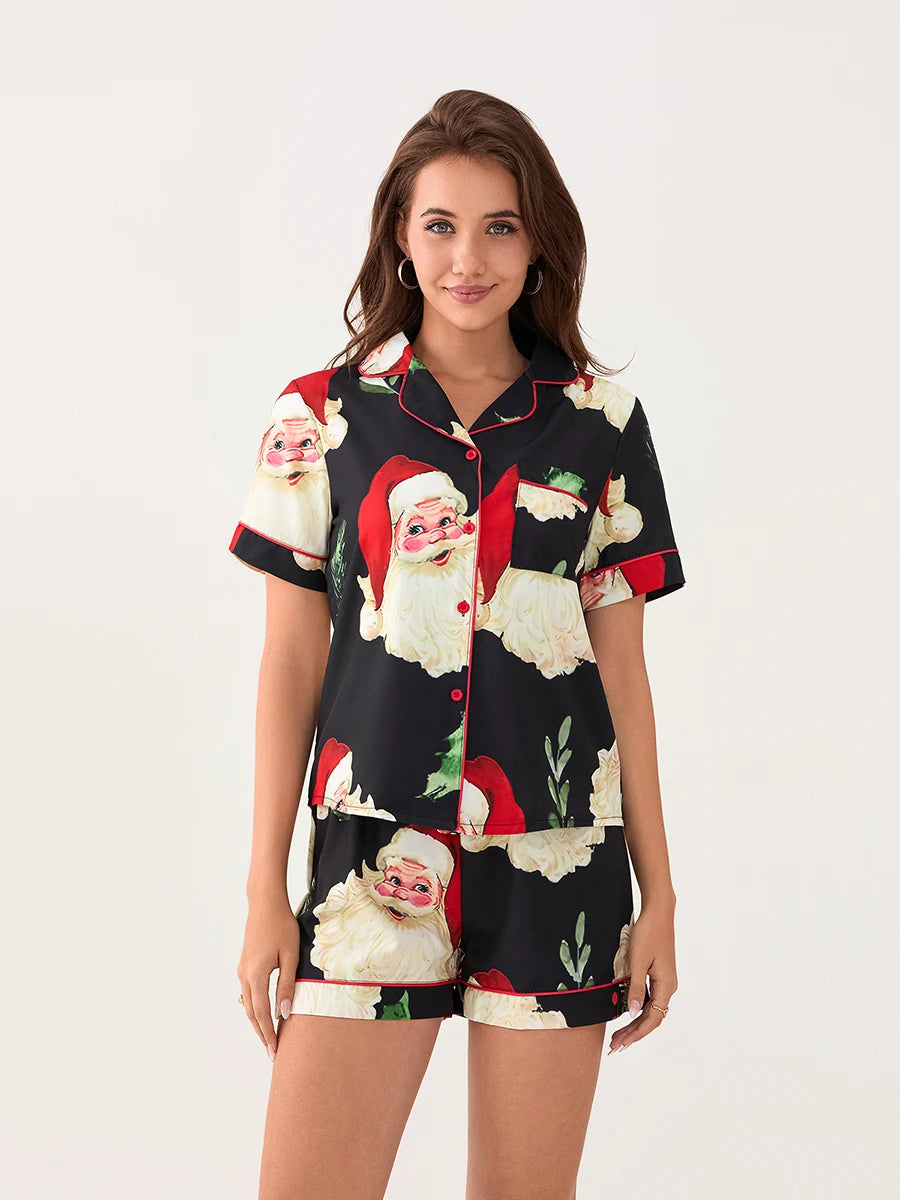 Women s Christmas Pajama Set Lapel Neck Short Sleeve Tops Elastic Waist Shorts Santa Claus Avatar Print Sleepwear Outfits