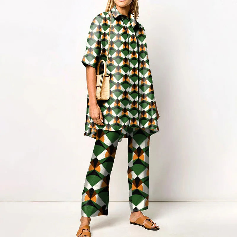 Maxy Autumn New Loose Vintage Printed Pant Sets Women Long Sleeve Shirts And Wide Legs Trousers Two Piece Set Fashion Streetwear