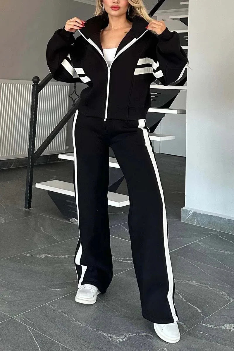 Maxy Y2K Striped Zipper Coat+sweatpants Two Piece Set Women Casual Batwing Sleeve Sports Jacket Outfits Autumn Winter Sweatshirt Suit