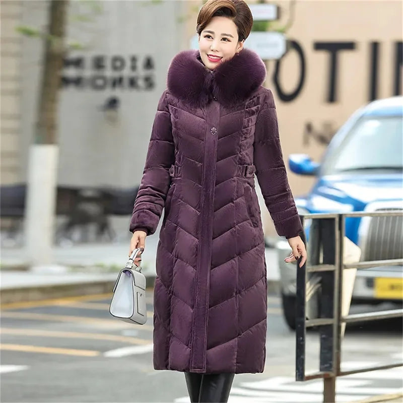 Maxy Long Mom's Winter Parka Quilted Elegant Luxurious Golden Velvet Down Cotton Coat Middle-aged Elderly Women's Thick Warm Jacket