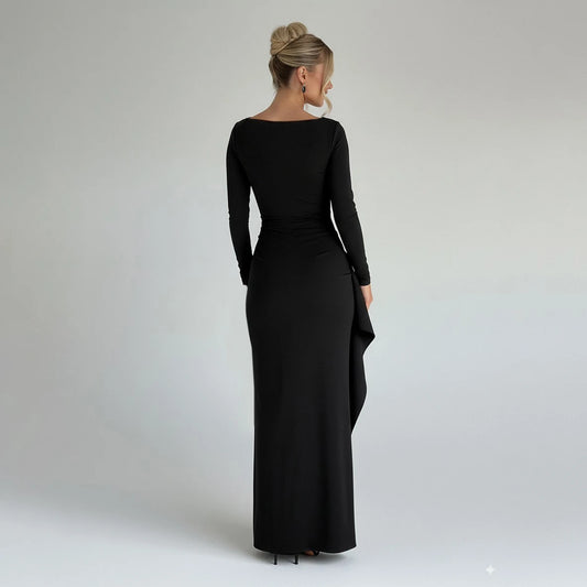 Maxy Party Clubwear Elegant Fashion Solid Split Dress Sexy Slim Square Collar Long Sleeve Maxi Dresses For Women Autumn Spring