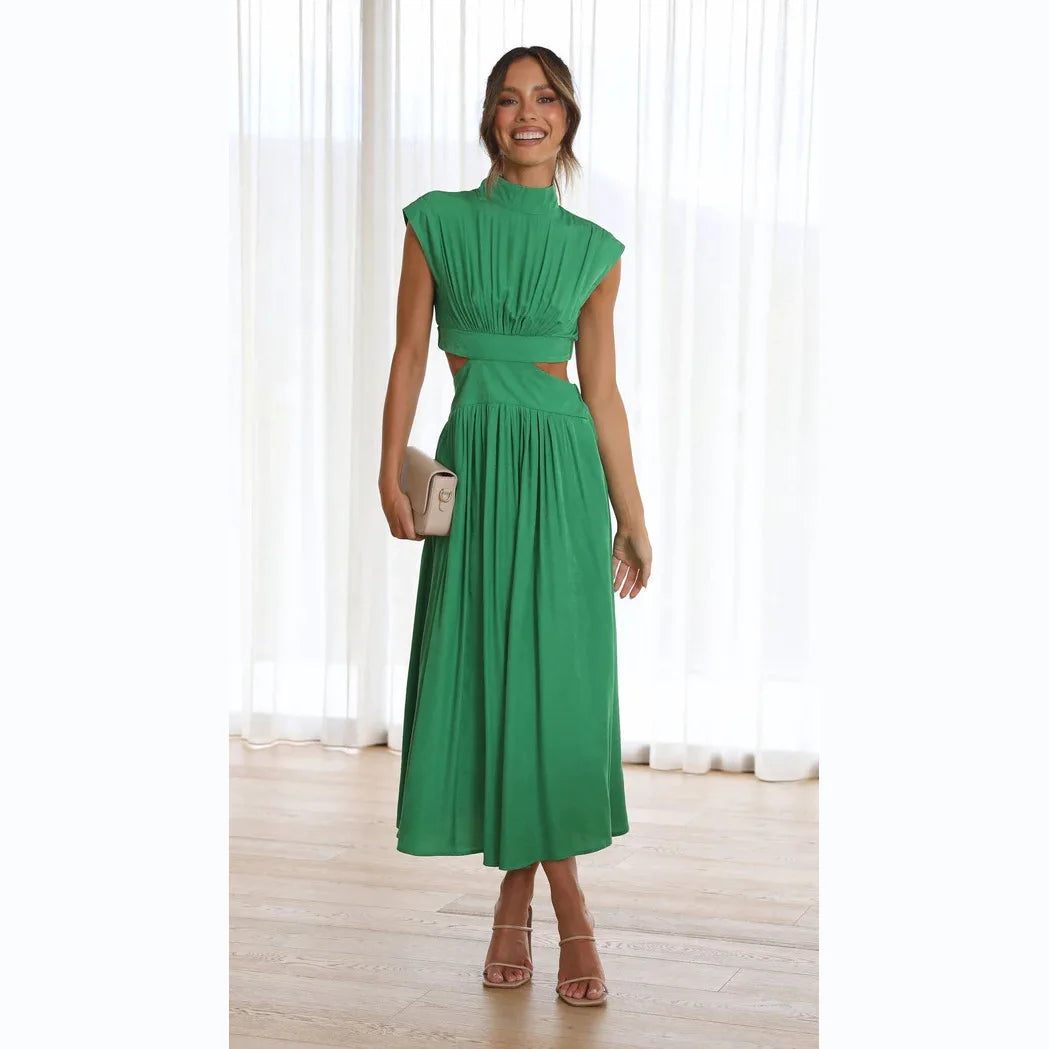 Maxy Summer Solid Color Sleeveless Dresses Women Temperament Elegant Stand Collar Hollow Out A-line Long Dress Ladies Trendy Vestidos