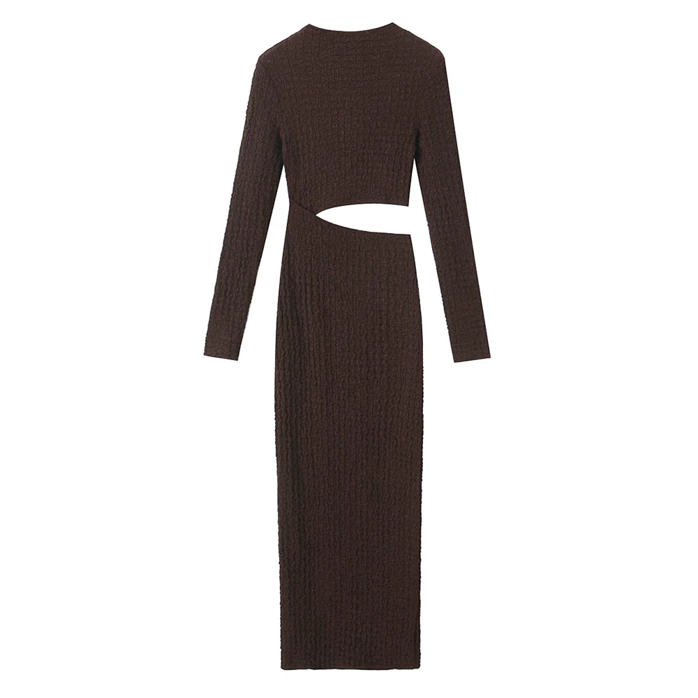 Maxy Autumn New Product Women's Wear Design Waist Open Design Texture Long Sleeve Stand up Collar Dress