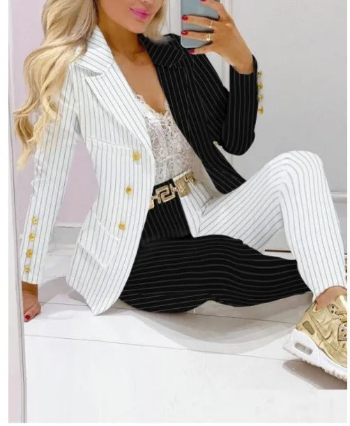 Zay Women Two-piece White Temperament Commuter Fashion Spring And Summer Suit Collar Double-breasted Jacket High Waist Slim Pencil