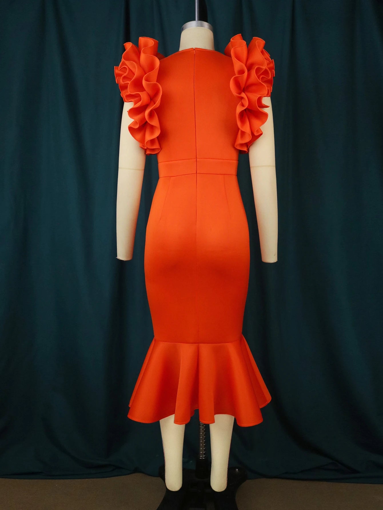 Maxy Elegant Women Orange Ruffle Dresses Sleeveless High Waist Bodycon Mermaid Formal Party Birthday Event Celebrate Gowns Big Size