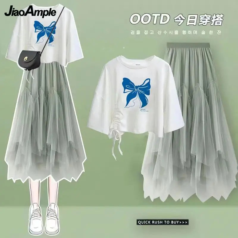 Maxy Summer New Korean Elegant Cute Short Sleeved T-shirt+Mesh Midi Skirt Two Piece Suit Women's Loose Top Dress Matching Set