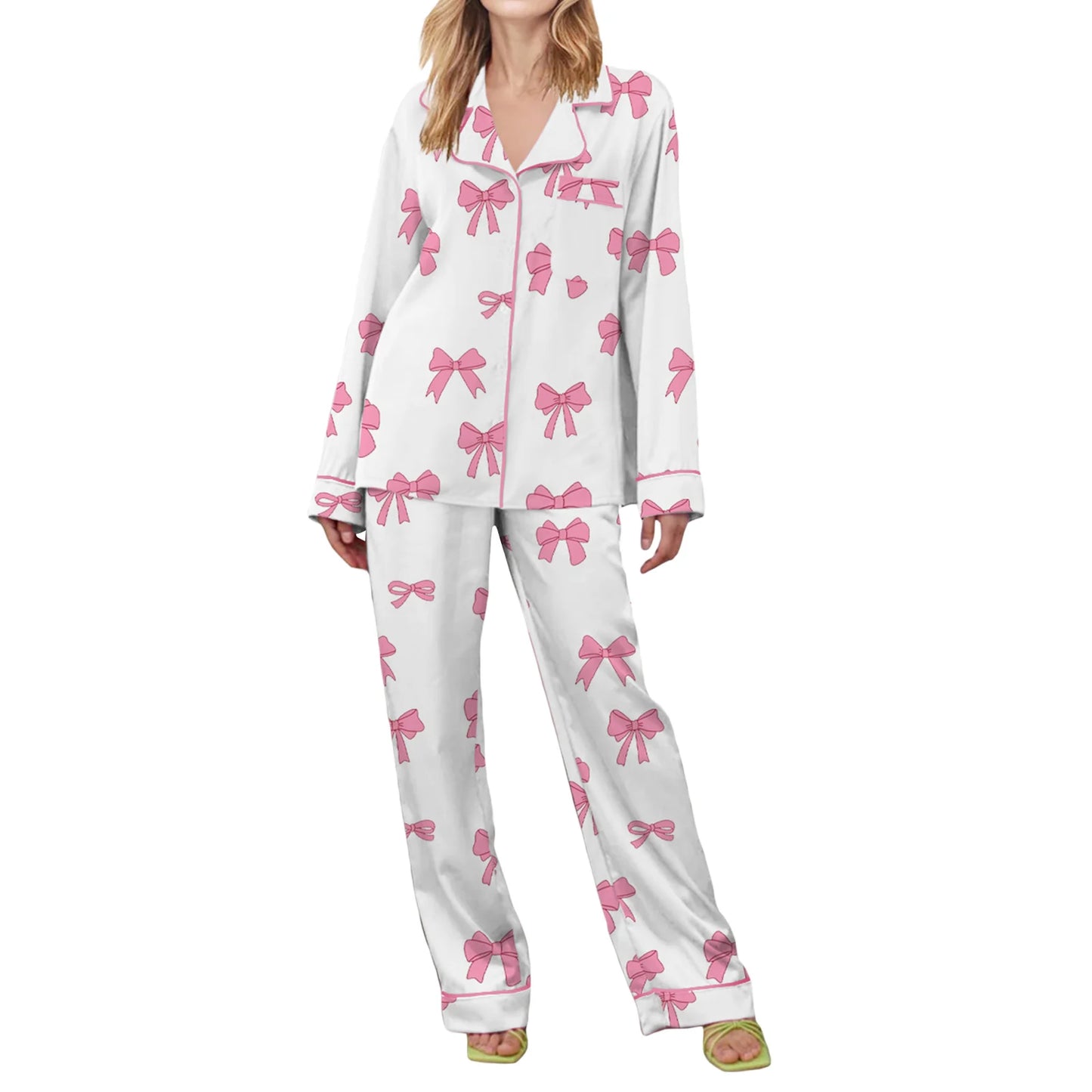 Women's Christmas Loungewear Set Snowman Print Long Sleeve Lapel Button Shirt with Long Pants Sleepwear