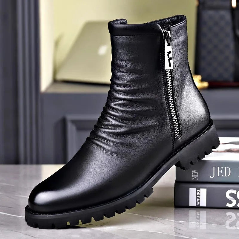 Visco High Quality Men's High Top Boots Genuine Leather Boots Business Boot Fashion Casual Dress Boot Plush Warm Winter Boots for Men
