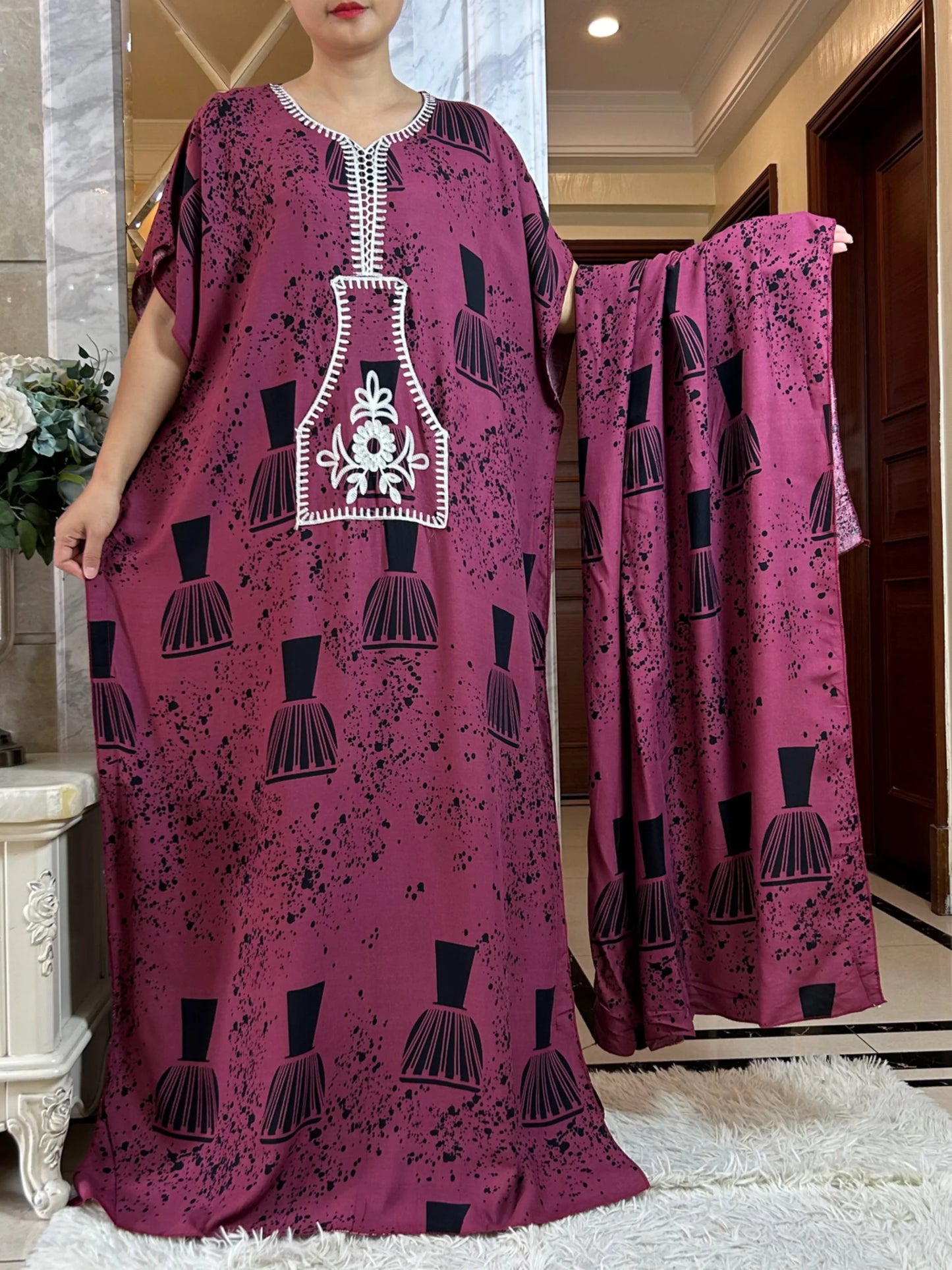 Macy Latest Autumn African Lady Dress with Big Scarf   Cotton Printed Loose Floral Boubou Pocket Maxi Islam Women Short Sleeve