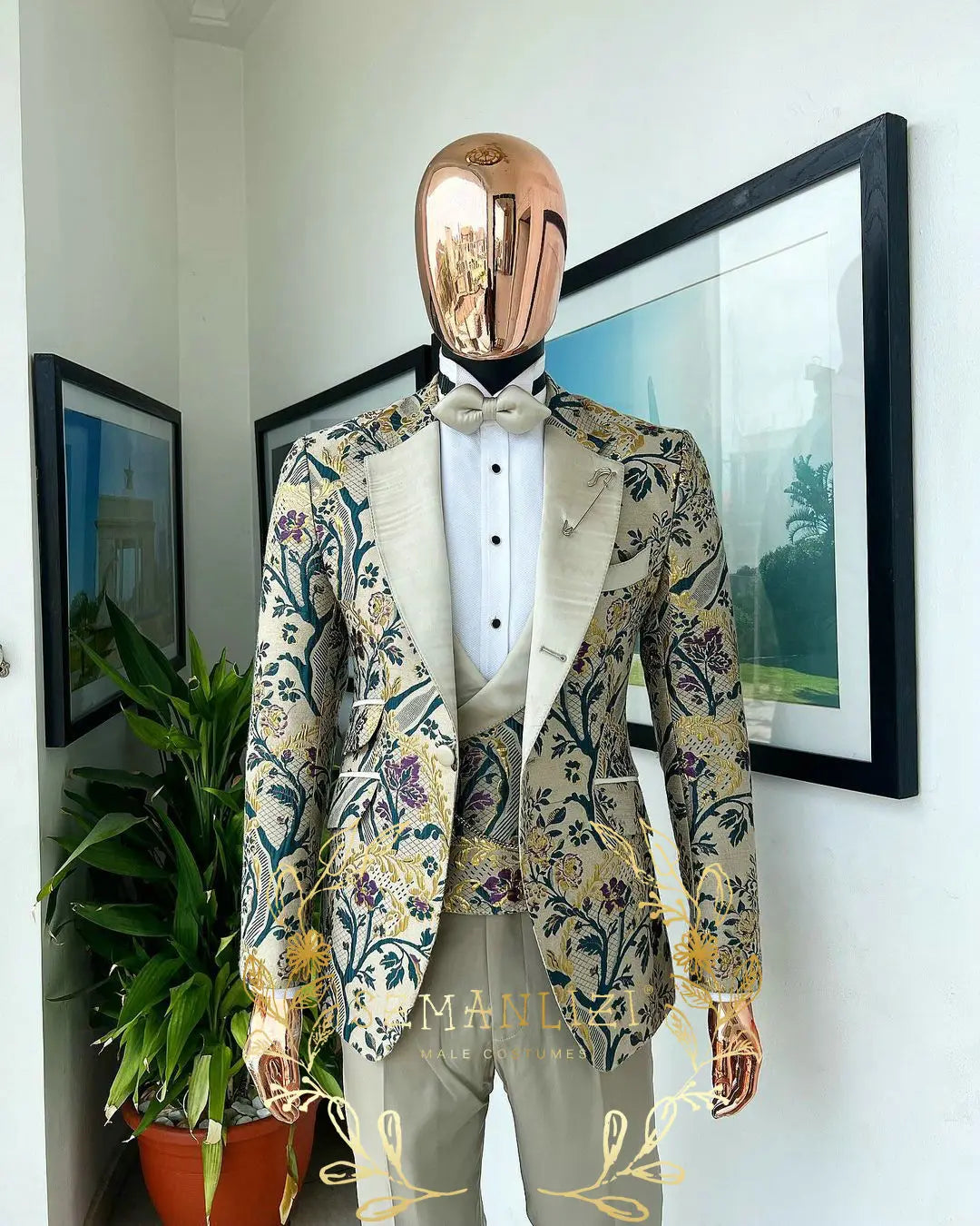 Visco Handsome Blue Gold Floral Rim Stage Men Suit Set Stand Collar Men's Suits (Jacket+pants+vest)