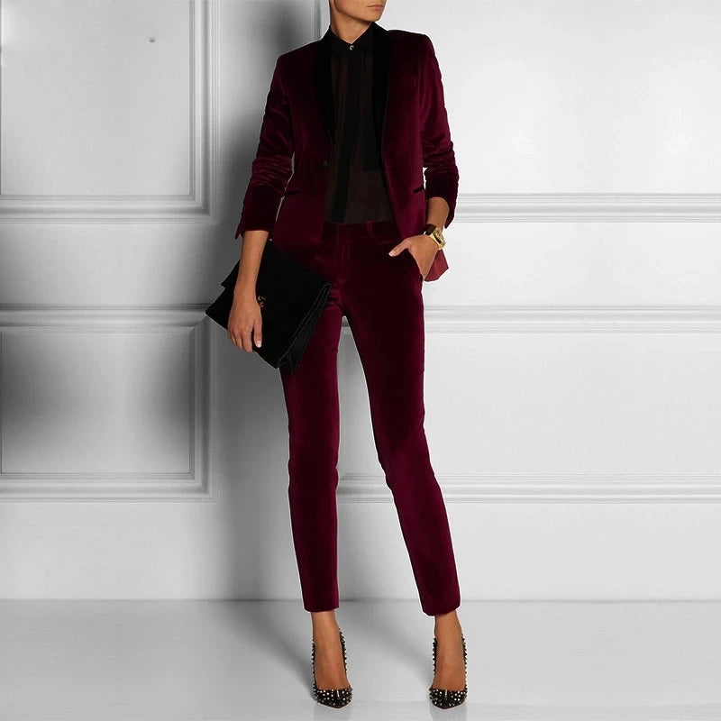 Maxy Burgundy Red Velvet Women Business Office Tuxedos Bespoke Suits Formal Prom Party Pant Blazer Suits Set