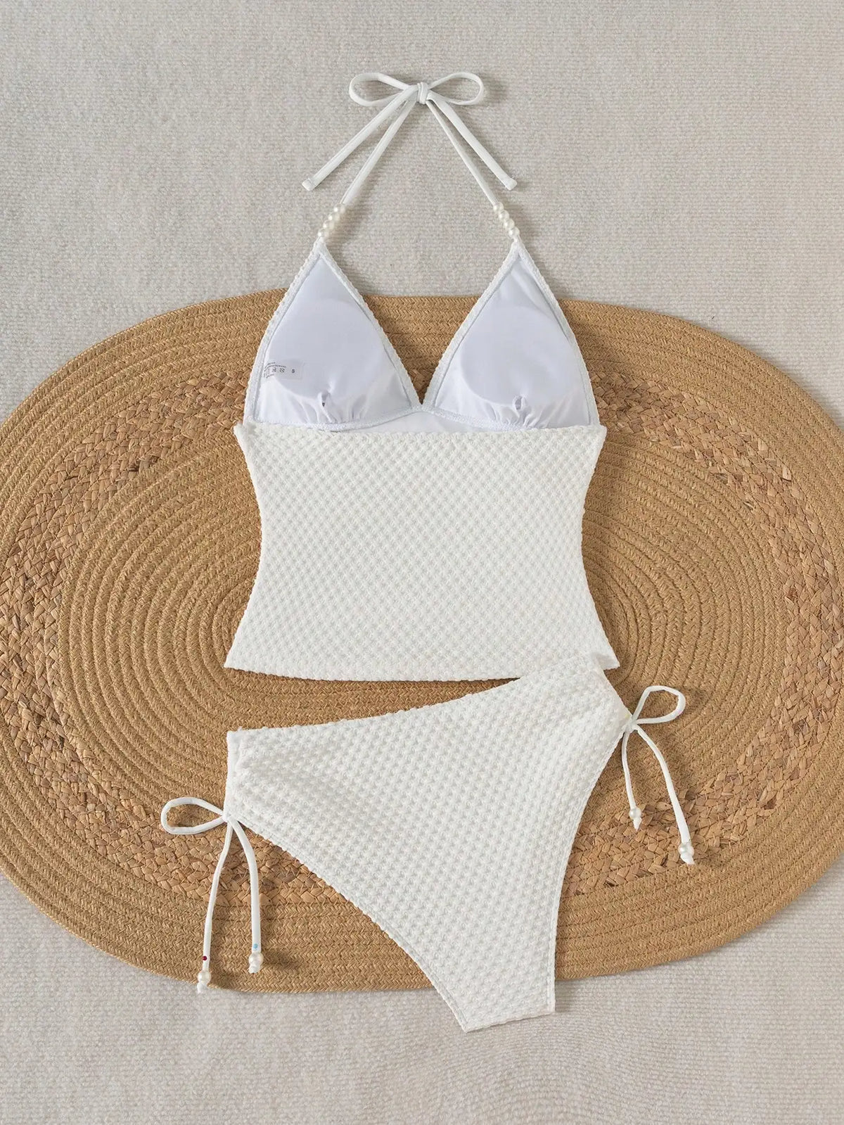 Maxy Women White Knitted Jacquard Beaded Drawstring Halter Neck Bikini Set