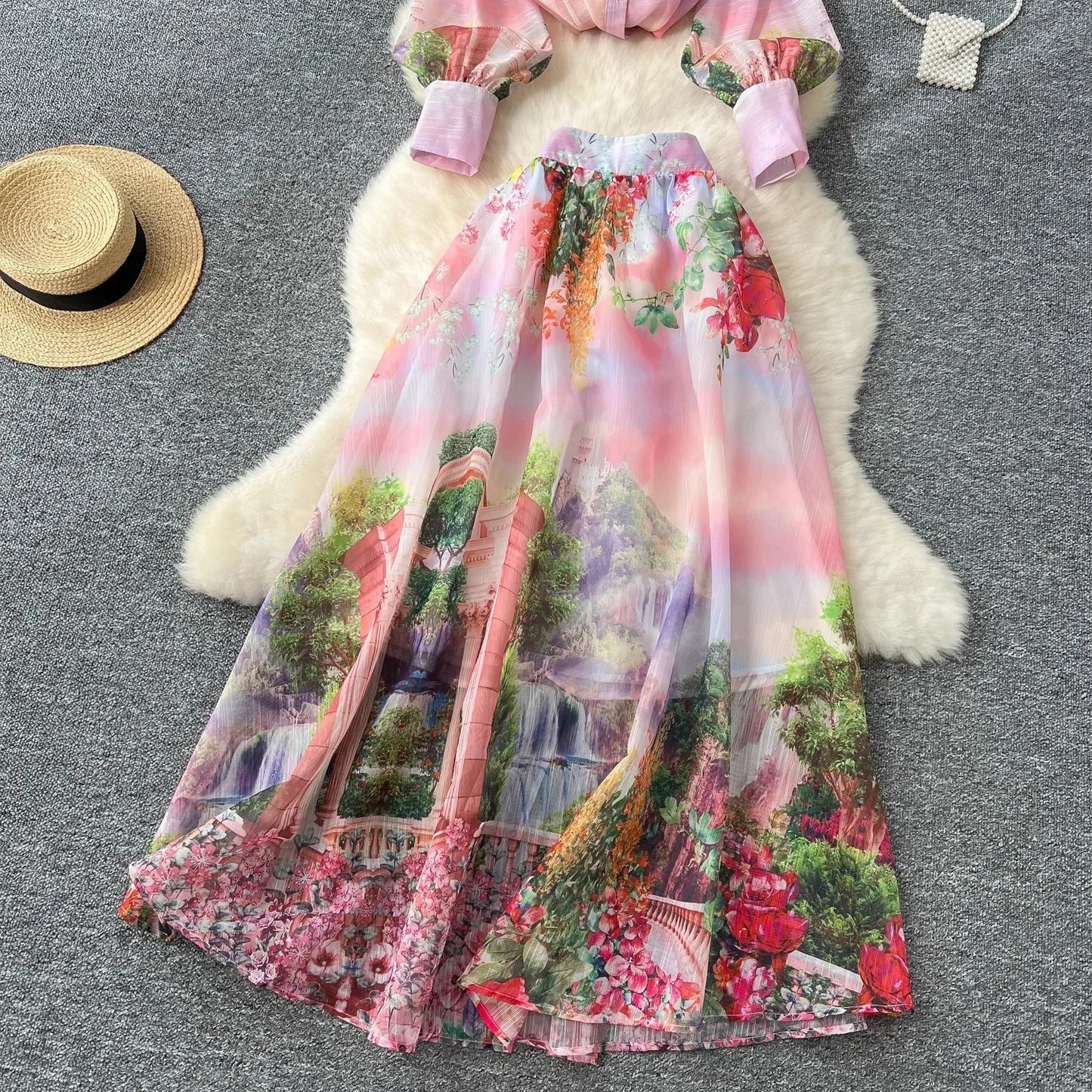 Maxy High Quality Women Summer Boho Floral Print Skirt Set Long Sleeve Blouse Top+High Waist Pleated Maxi Skirt Two Piece Suits