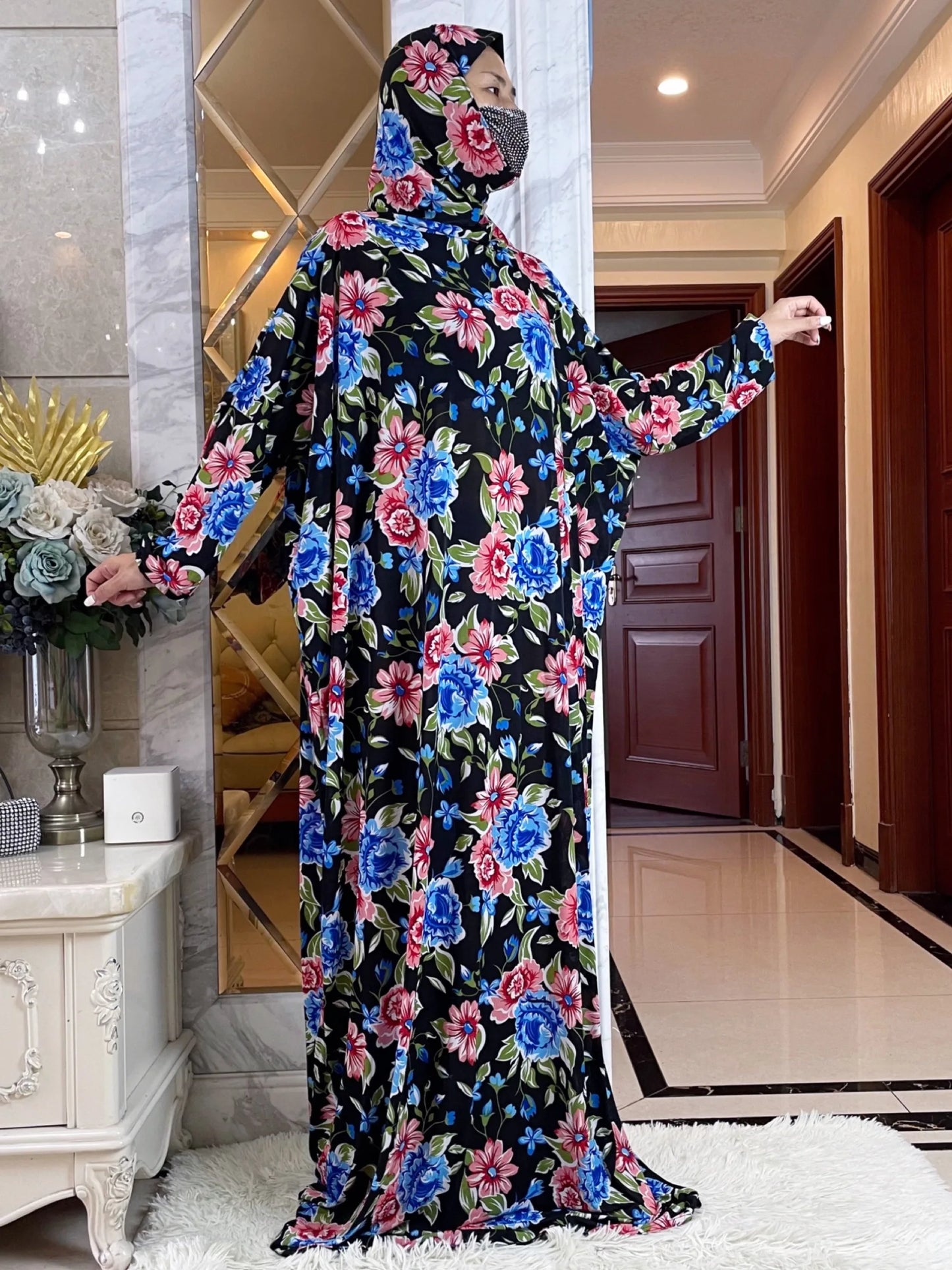 Maxy Muslim Women Hooded Abaya Turkey-African Prayer Garment Kaftan Dress With Hijab Floral Prints Dubai Saudi Robe Ramadan
