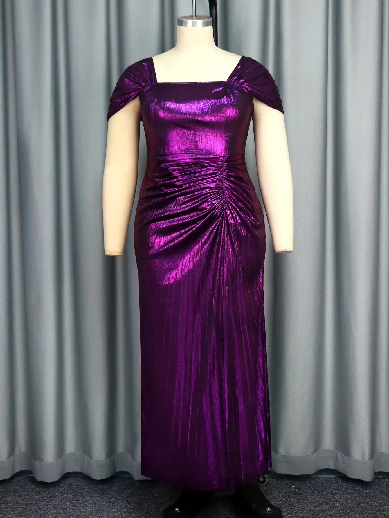 Women Luxury Purple Shiny Long Evening Party Dress Square Collar Short Sleeve High Slit Slim Fit Celebrate Birthday Banquet Gown