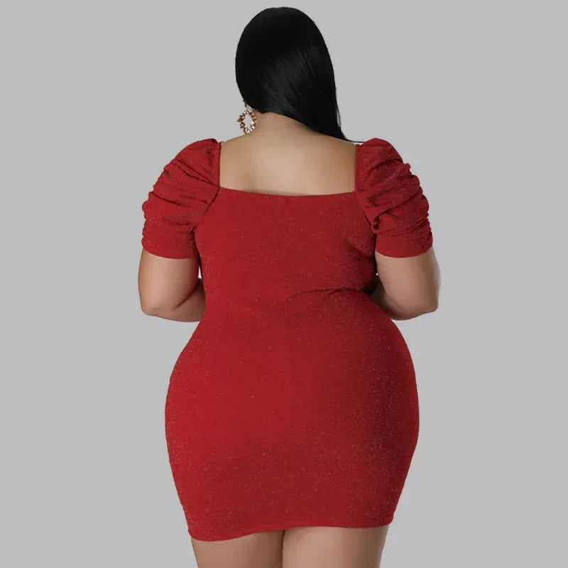 KEXU Sexy Glitter Plus Size Dresses Ruched Short Sleeve V Neck Slim Elegant Lady Party Dress Large Size Women's Evening Dress