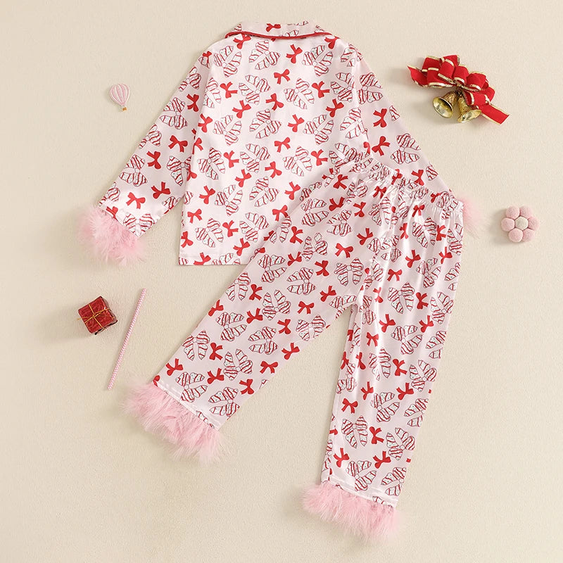 Babs Girl 2Pcs Christmas Pajamas Long Sleeve Bow Mug Print Shirt Pants Set Kid Sleepwear