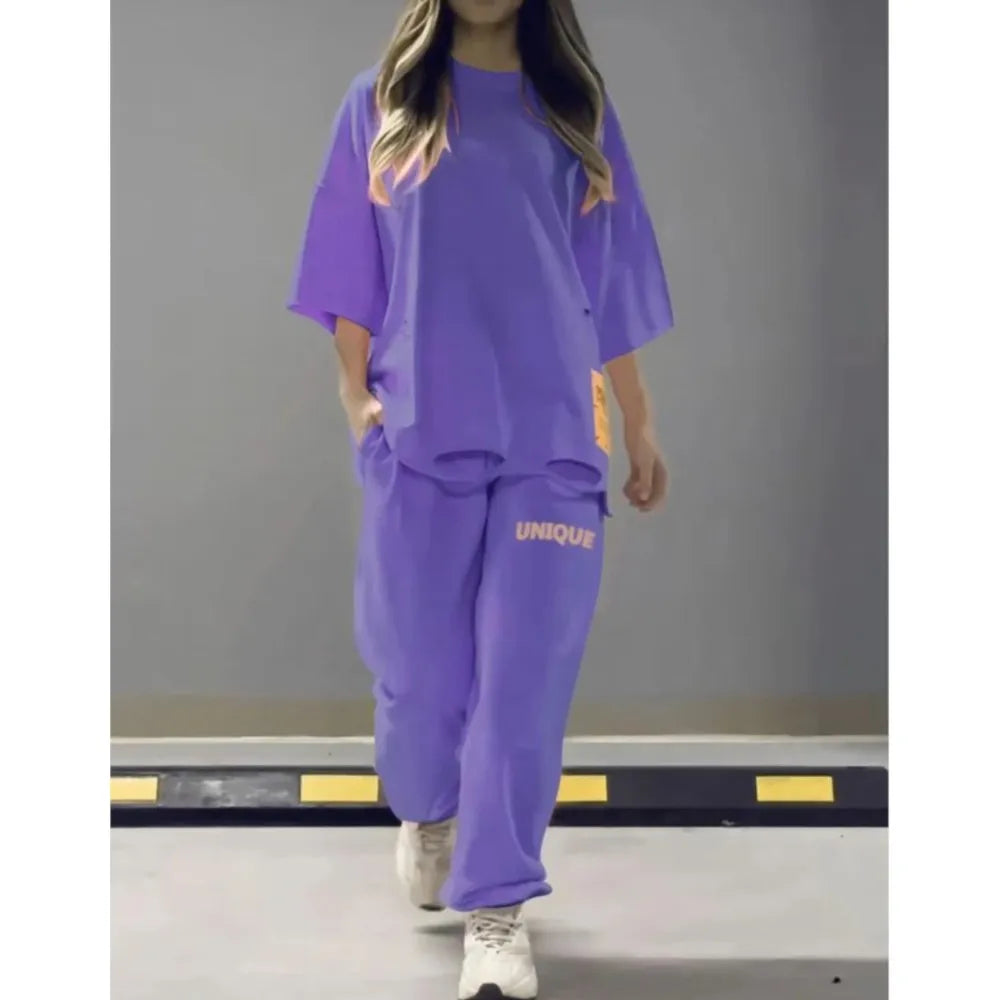Maxy Summer New Fashion Hollowed Out O Neck T Shirt Women's 2 Piece Set Solid Color Casual Relaxed Tracksuit Pants Pocket Female Suit
