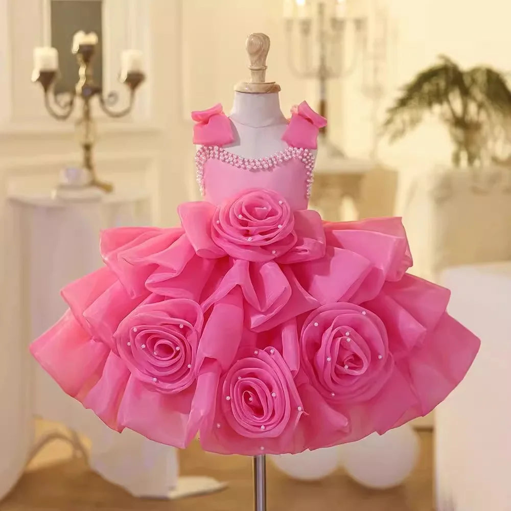 Amay luxury Girls Princess Rose evening dress Children pearl Bow tutu Wedding Gown Kids Dresses baby infant Birthday Party Dress