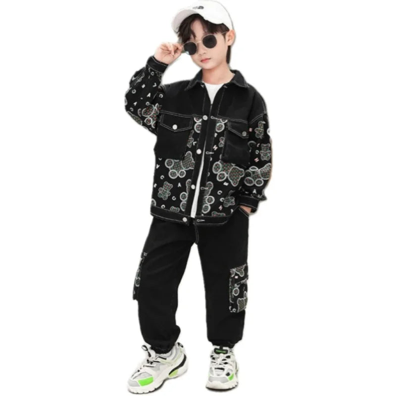 Maxy Boys Coat +Pants Kids Suits 2PCS/Set Cotton Cool Jean Spring Autumn Cotton Jogging Suit Teenagers Children Clothing