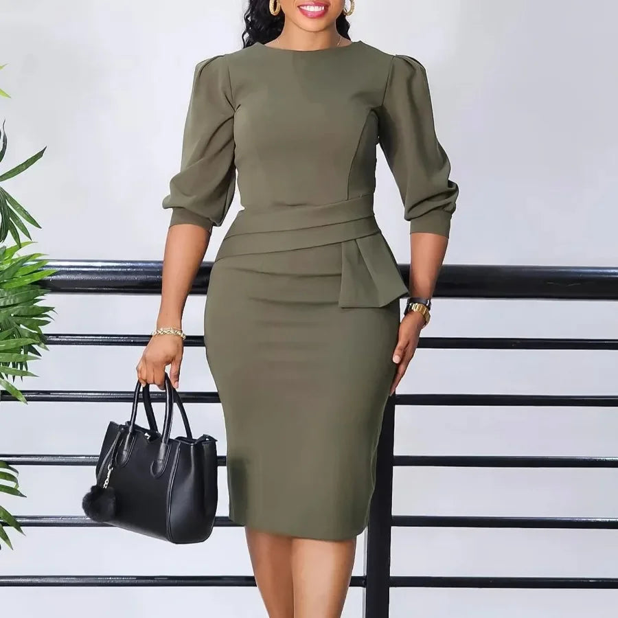 Maxy Summer Fashion Solid Pencil Dress Women Causal Office Ladies Round Neck Bubble Sleeves Slim Dress Women