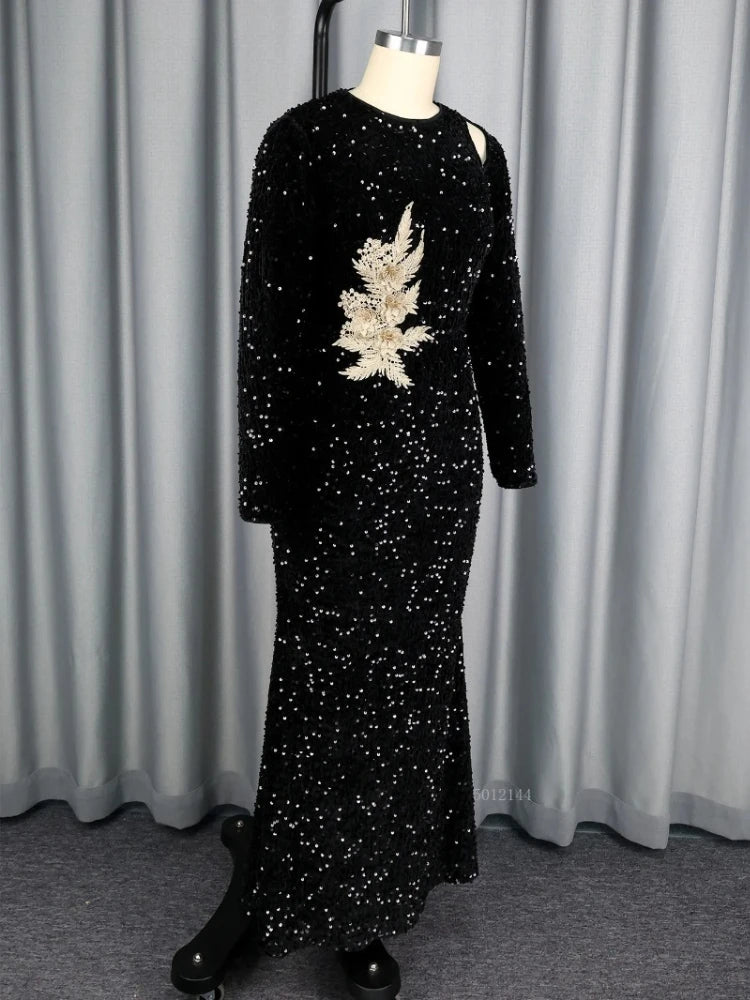Maxy Plus Size Dresses for Women Elegant Long Sleeve O-neck Black Sequin Party Evening Long Maxy Dresses Gown Outfits