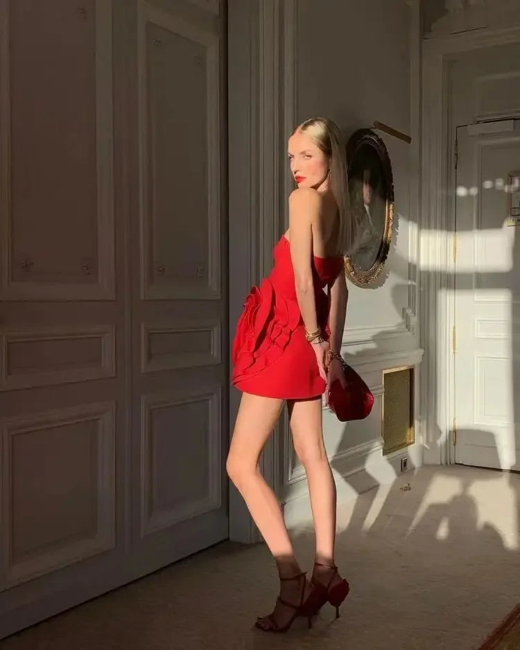 Maxy Sexy Strapless 3d Big Flower Evening Dress Red Birthday Dresses for Women Elegant Prom Gown Summer Fashion Party Outfits