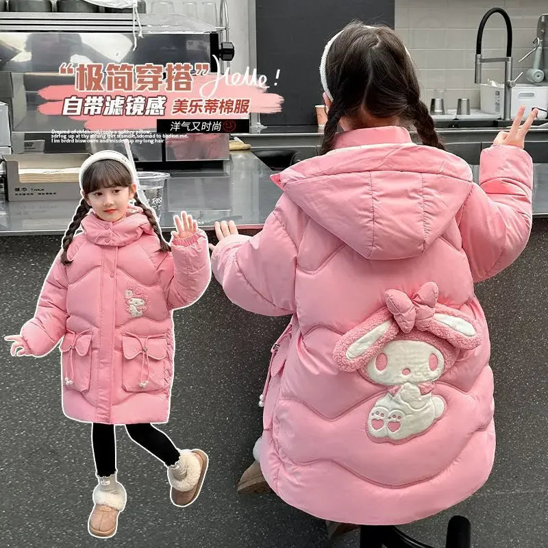 Amay Sanrio hello kitty girl winter hooded cotton-padded jacket melody kuromi  cute cotton coat children plus velvet jacket clothes