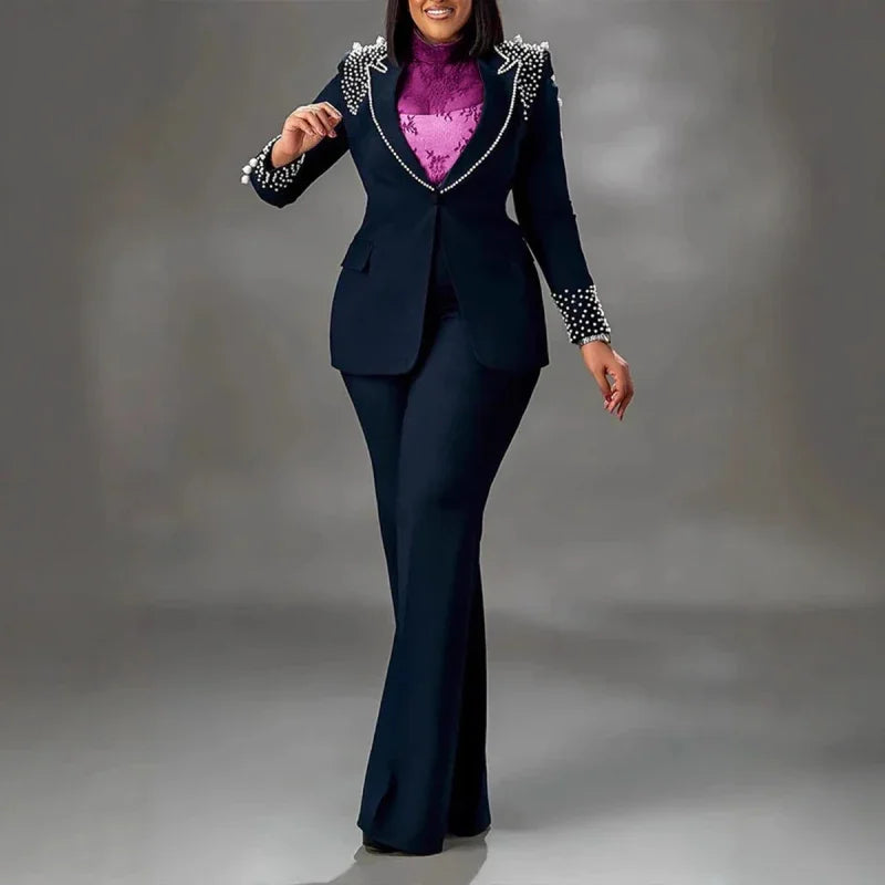Maxy Fashion 2 Piece Women Set New Arrival Matching Two Pieces Sets Beads Blazer Coat Top Pants Suits Outfits