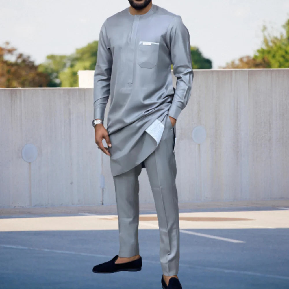 Amay Men Two Piece Outfit Set Long Sleeve Solid Color Panel Top and Pants Festival Party Set Ethnic Style Men's Suit
