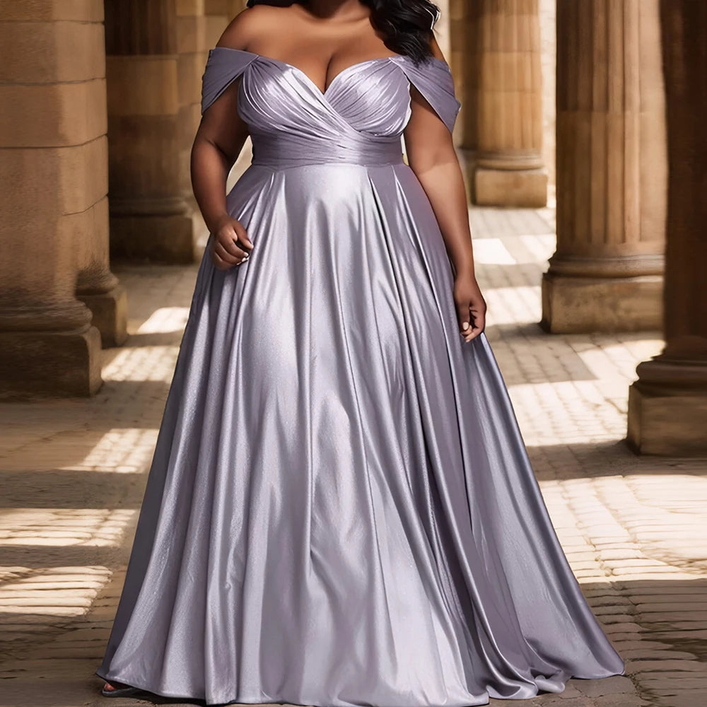 Amay Women Plus Size Satin Elegant Dress Deep V-Neck Sexy Off-Shoulder Maxy Dresses Summer Ruched Slim Party Bridesmaid Evening Robes