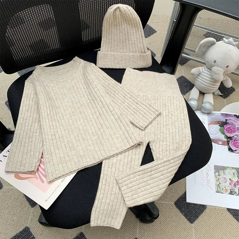 Maxy Newborn Baby Girl Boy knitted Clothes Set Sweater+Pants+Hat 3Pcs Infant Toddler Loungewear Suit Autumn Winter Baby Clothes 0-2Y