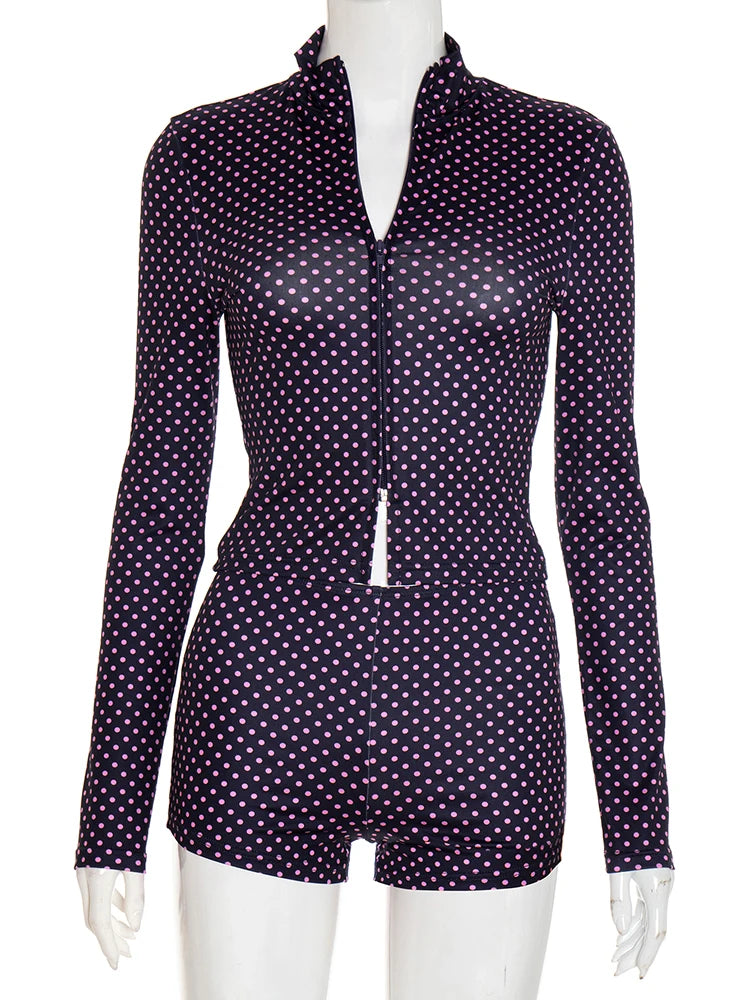 Maxy Cute new Tracksuit Polka Dot Print 2 Piece Set Women Zip Crop Jacket+Shorts Matching Street Elastic Casual Fall Trend Outfits