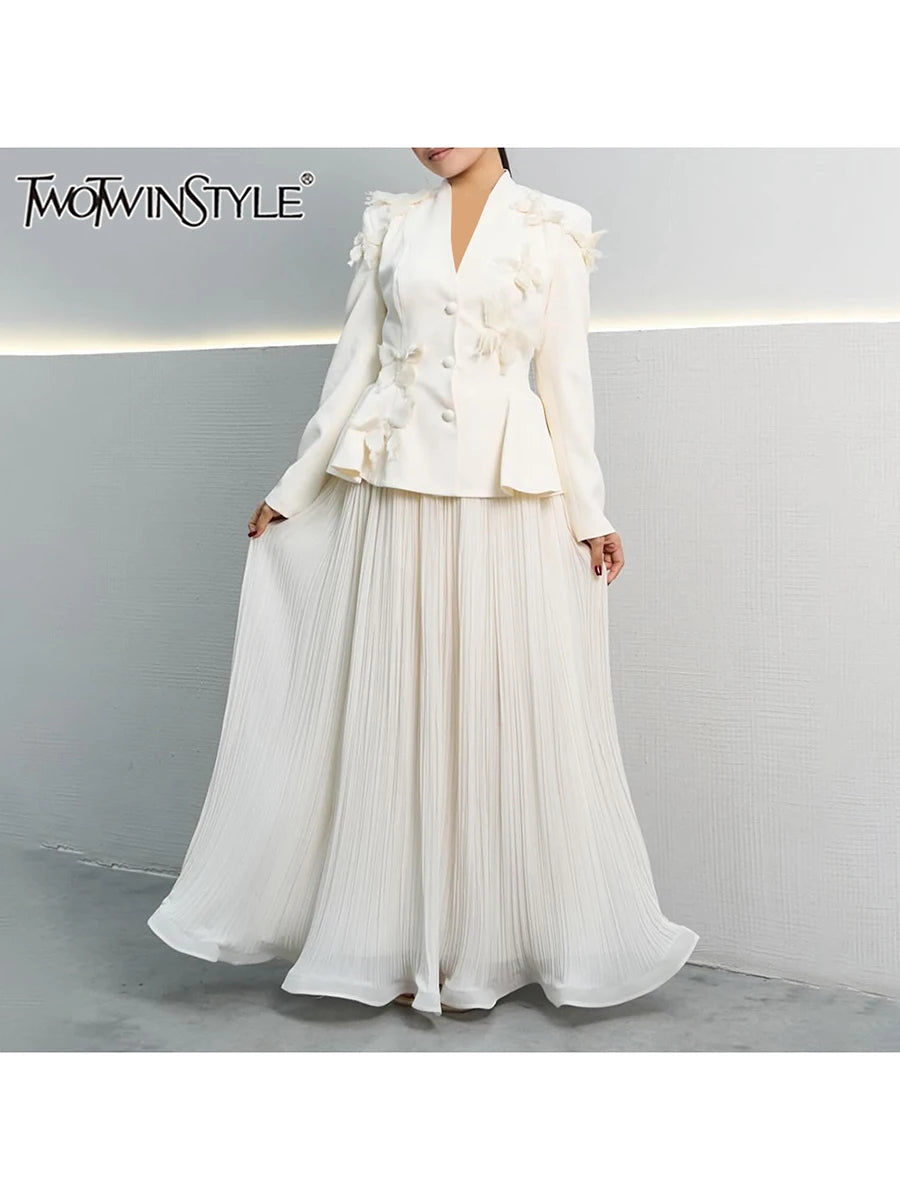 Maxy Elegant Two-Piece Sets for Women V Neck Long Sleeve Tunic Designer Coat High Waist Pleated Skirt Formal Set Female