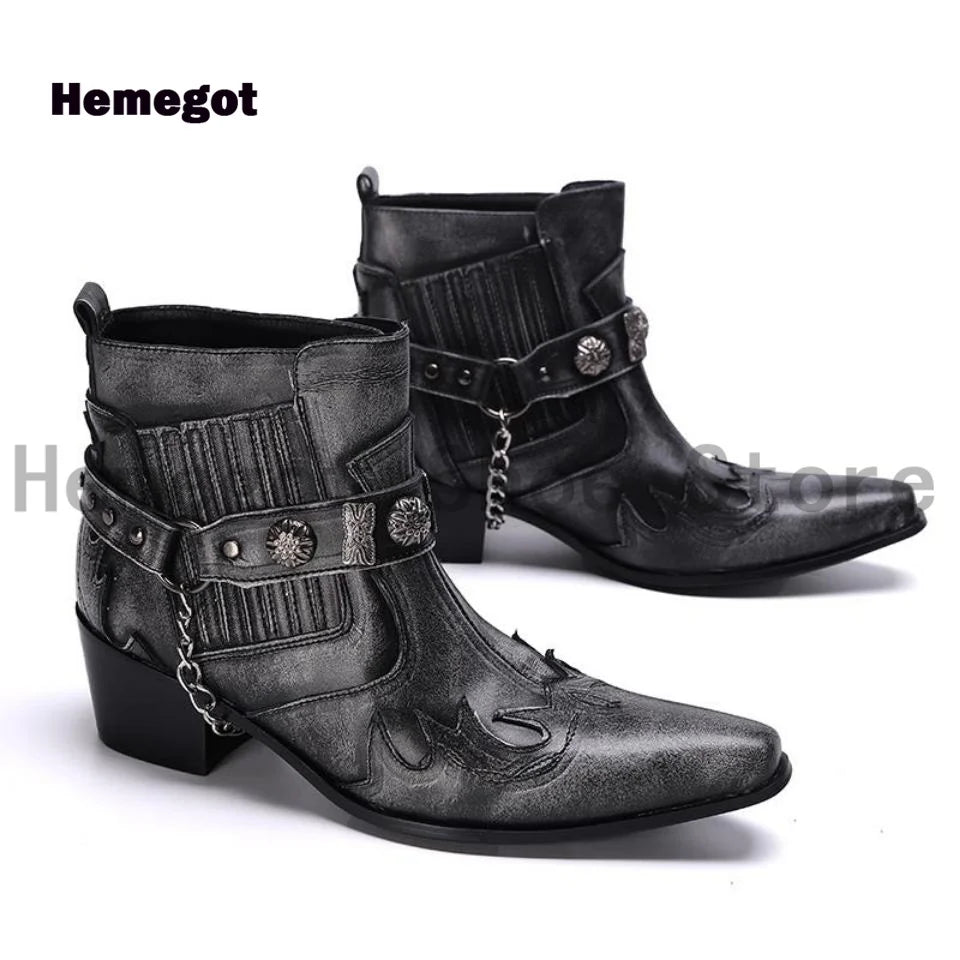 Visco Vintage Gray Men's Boots Metal Chain Buckle Pointed Toe Ankle Chelsea Boots Genuine Leather Dress Boots Stylish Handmade Boots