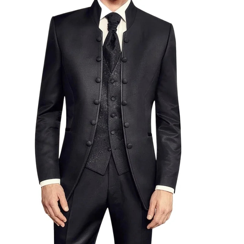 Visco Men Suits with Stand Collar Double Breasted Blazer Jacket Vest Pants 3 Pcs Wedding Groom Tuxedo Italian Style 2024