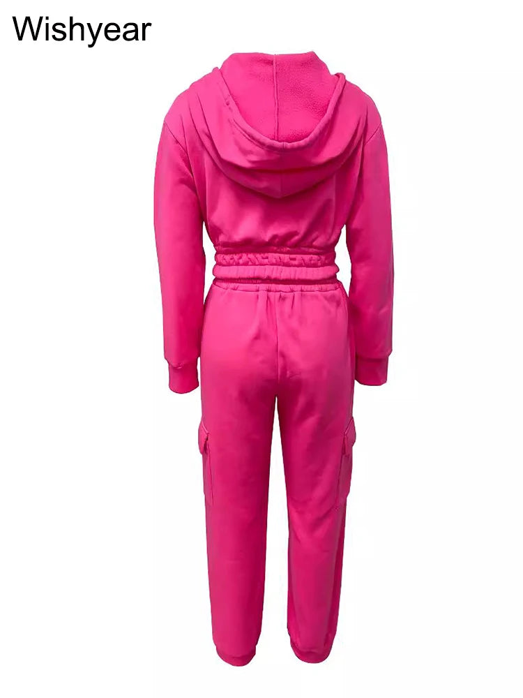 Maxy Casual Women's Pant Set Long Sleeve Zipper Hoodies Jacket Crop Tops and Jogger Cargo Pants Two 2 Piece Outfit Tracksuit Clothing