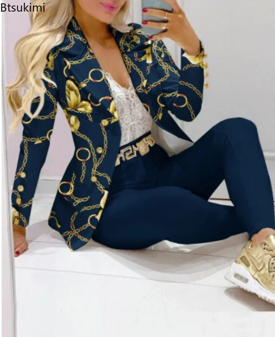 Maxy Women's Two Piece Set Formal Business Office Tracksuits For Women Outfits Elegant Blazer Suits Jacket + Pants Women Set Printted
