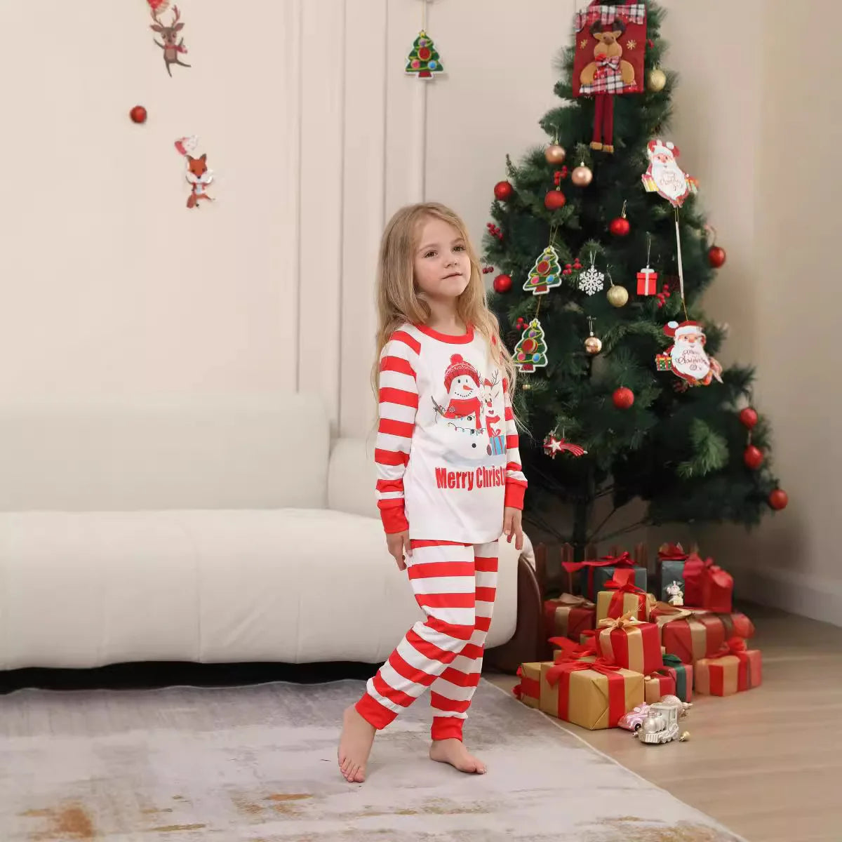 Family home wear Christmas Deer Snowman family suit red and white stripes patchwork printed pajamas two-piece set