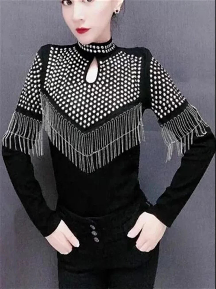 Maxy Tassel Hot Drill Tee Women T-shirt Spring Fall Hollow Out Pullover Stand-up Collar Long Sleeve Shiny Cotton Female T-Shirt