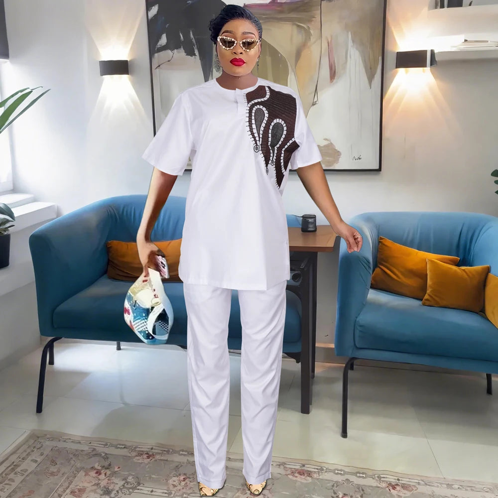 Maxy H&D African Clothes For woman Shirt Pants 2 pieces Suit woman Agbada Traditional Embroidery Clothes Robe Party Wedding Dashiki