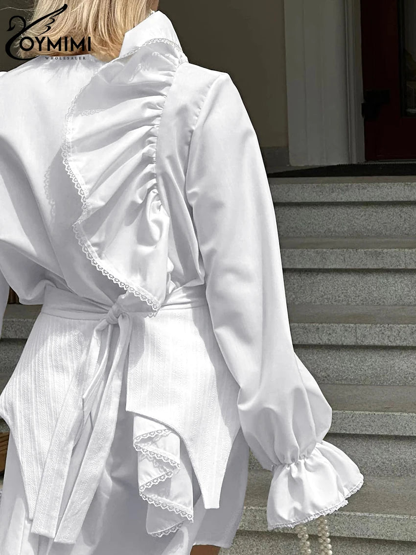 Maxy Fashion Loose White Cotton 2 Piece Sets Women Outfit Elegant Ruffle Long Sleeve Girdle Single Breasted Mini Dress Set
